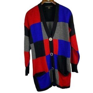 Vintage Tesori Color Block 100% Merino Wool Knit Cardigan Made in Italy Women M